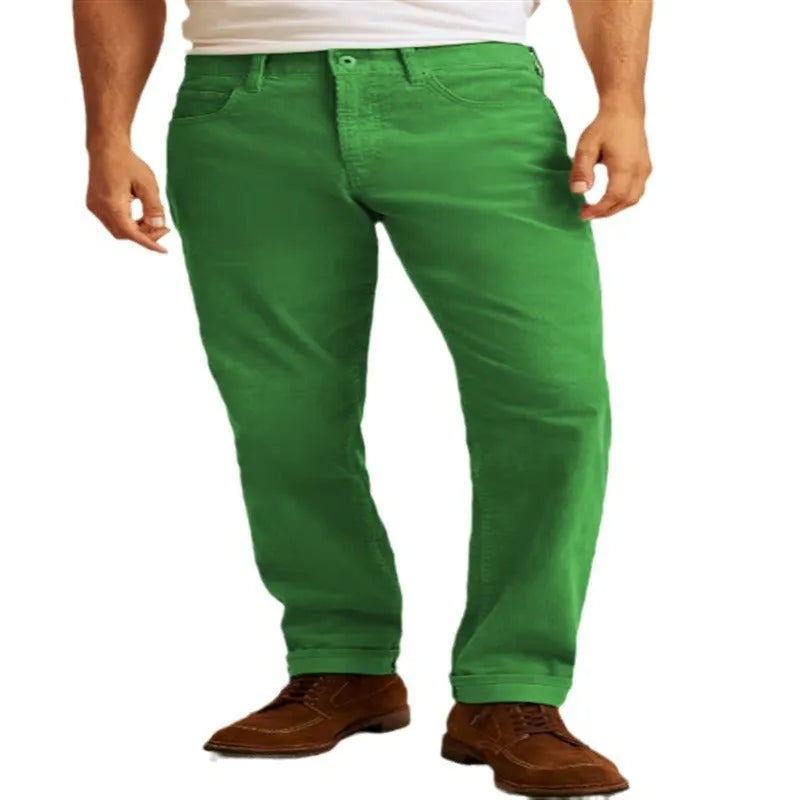 Loose fit solid green corduroy casual straight leg trousers on a mid-waist.