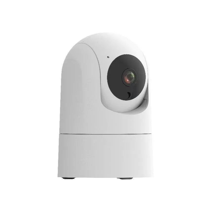 White indoor smart security camera on a stand with a wide-angle lens.