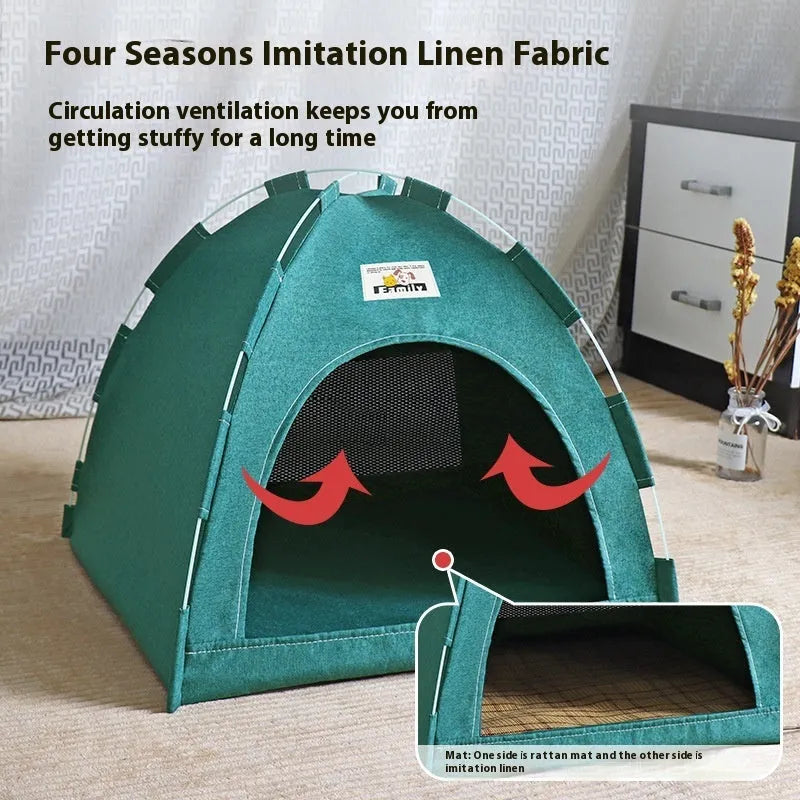 Grey linen-like fabric cat nest tent bed for a small dog with a removable cover.
