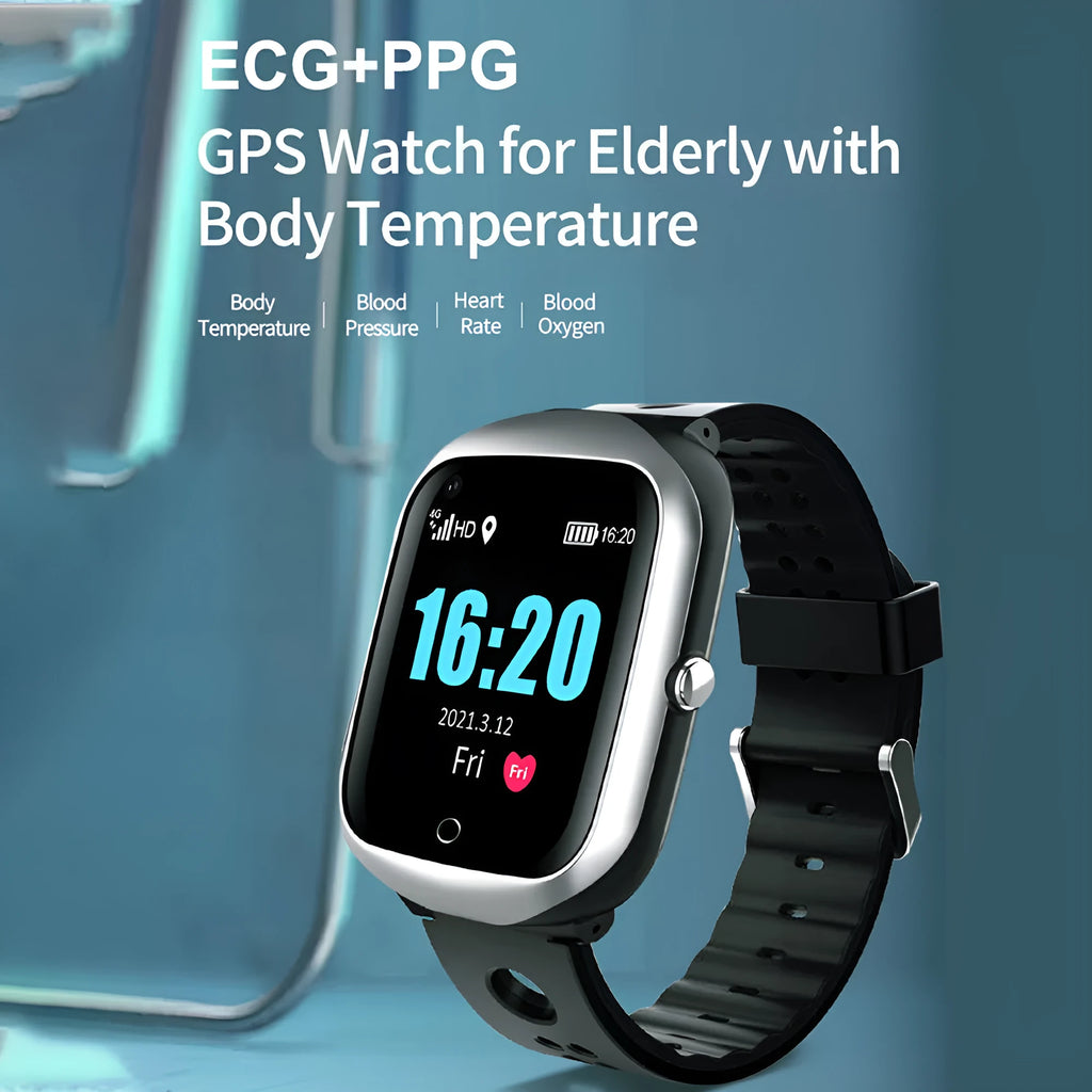 Black elderly safety smartwatch showing GPS location on its 1.3-inch square colour screen.