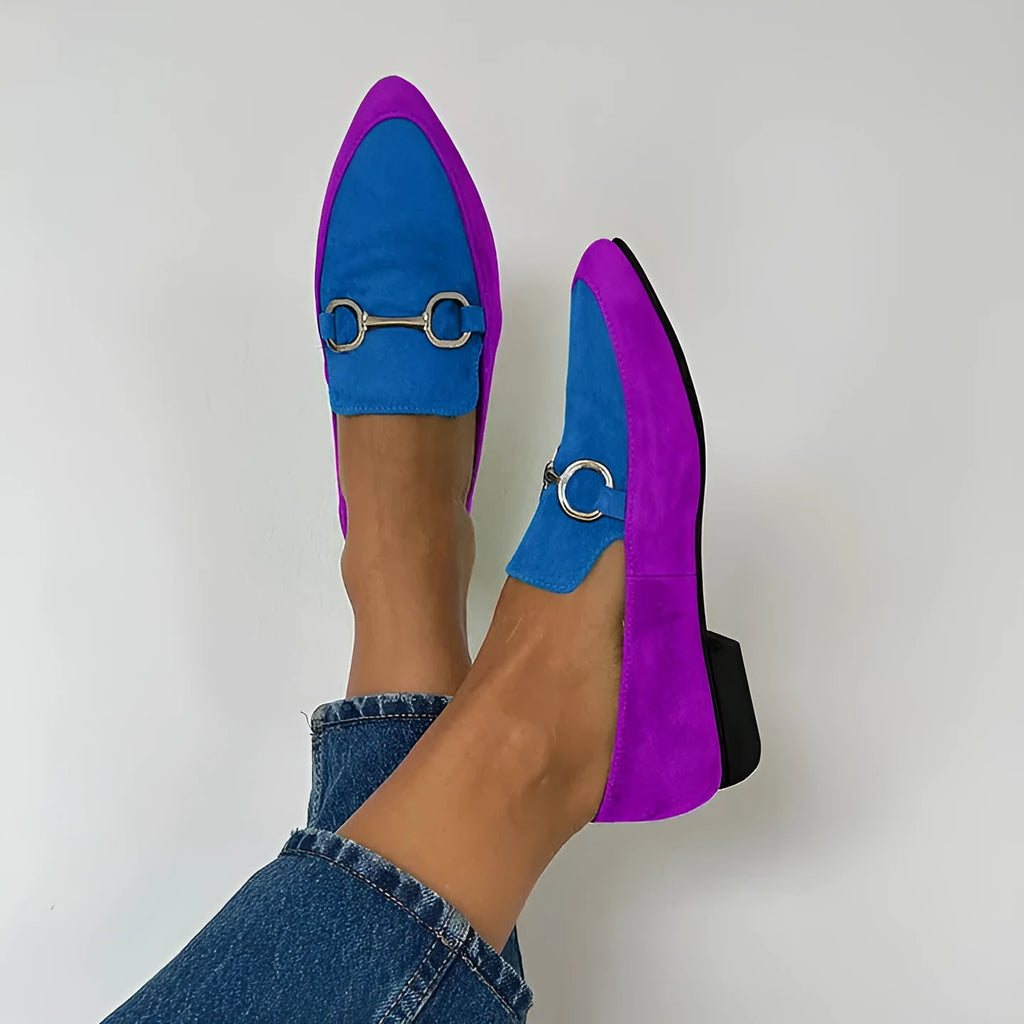 Women's pointed toe suede flat shoes with shallow mouth and buckle in purple, green, purple blue, purple yellow