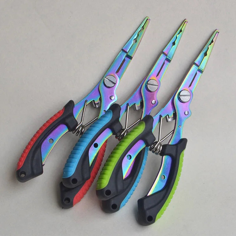 Multifunctional fishing pliers with blue handle, straight mouth, hook, and nylon storage bag.