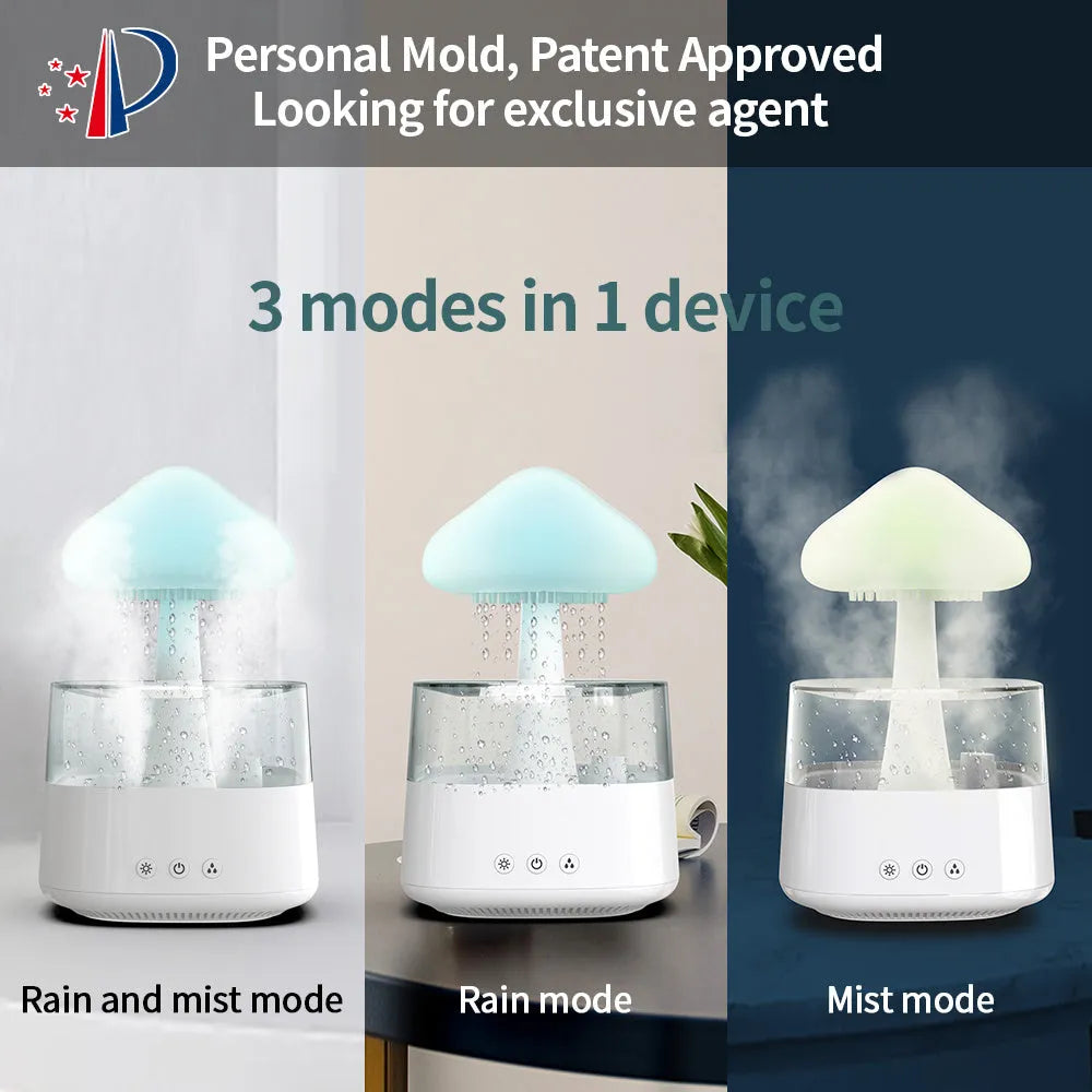 White raining cloud design desktop humidifier and night light with wood grain base