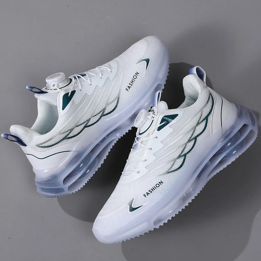 White Korean style mesh casual sports shoes with rotating button lace-up and round toe design