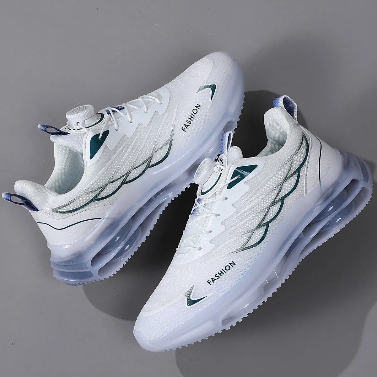 White Korean style mesh casual sports shoes with rotating button lace-up and round toe design