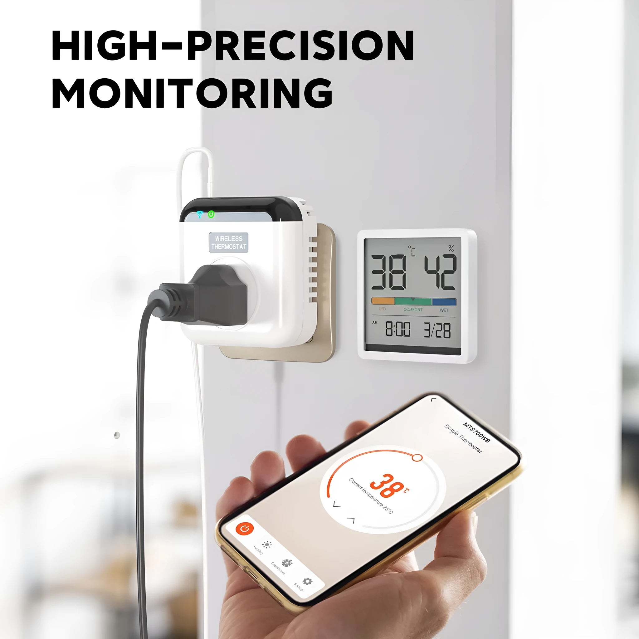 White smart socket with EU plug showing voice control and thermostatic timer functions