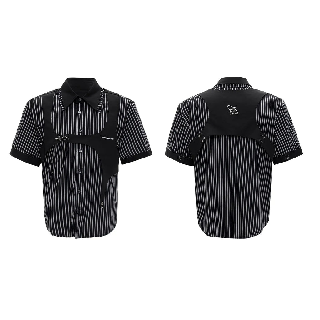 Man wearing a black and white striped short sleeve shirt with a distinctive double lapel collar design.