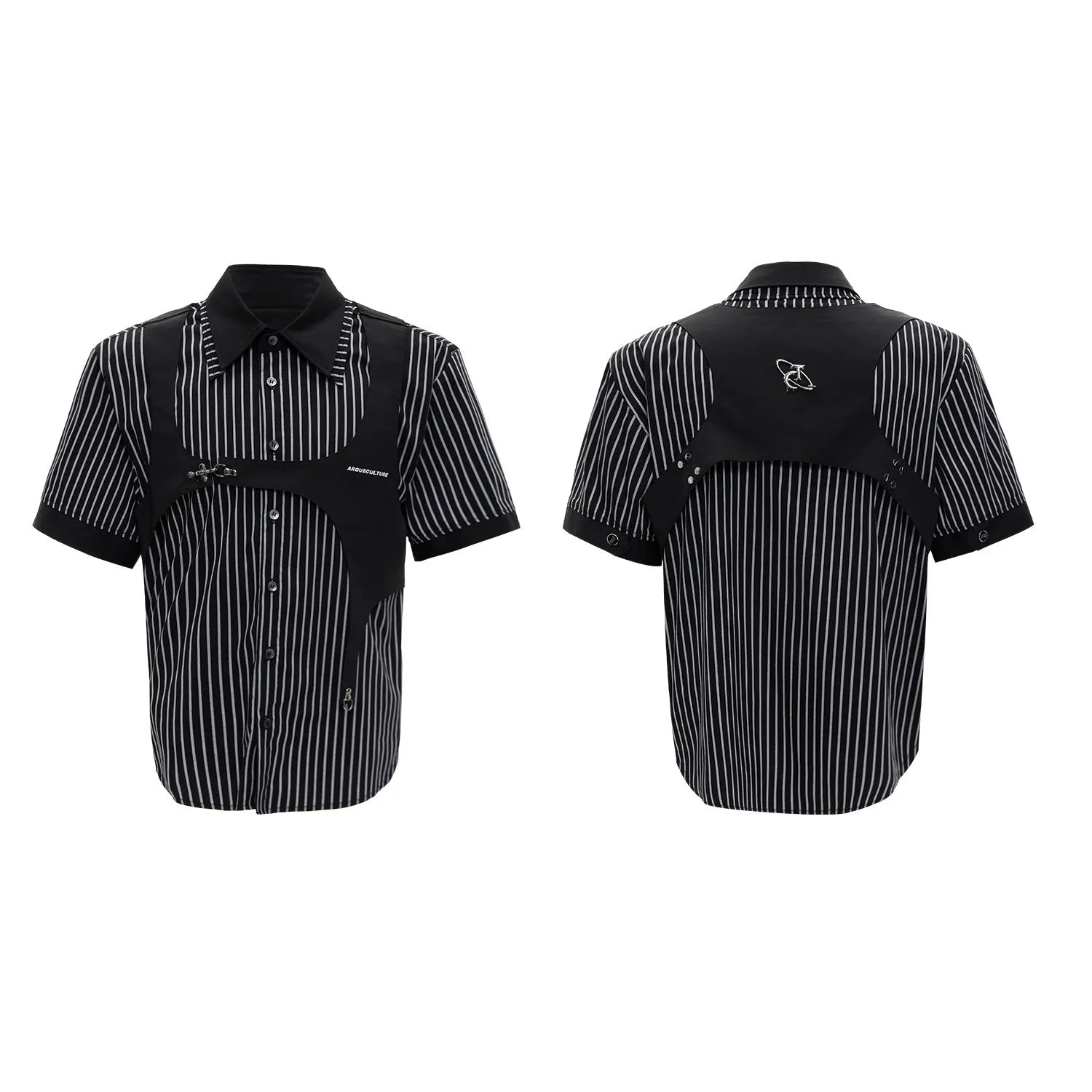 Man wearing a black and white striped short sleeve shirt with a distinctive double lapel collar design.