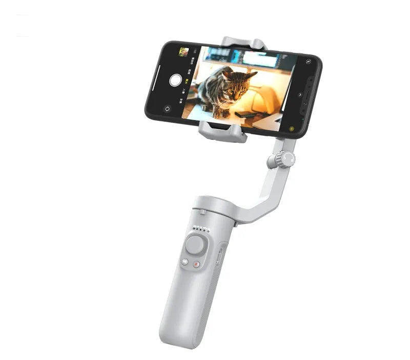 Handheld three-axis Bluetooth phone stabiliser with foldable ABS glass fibre body and tripod