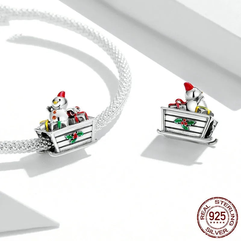 Christmas snowman car S925 sterling silver bead with glossy drip oil finish on white background