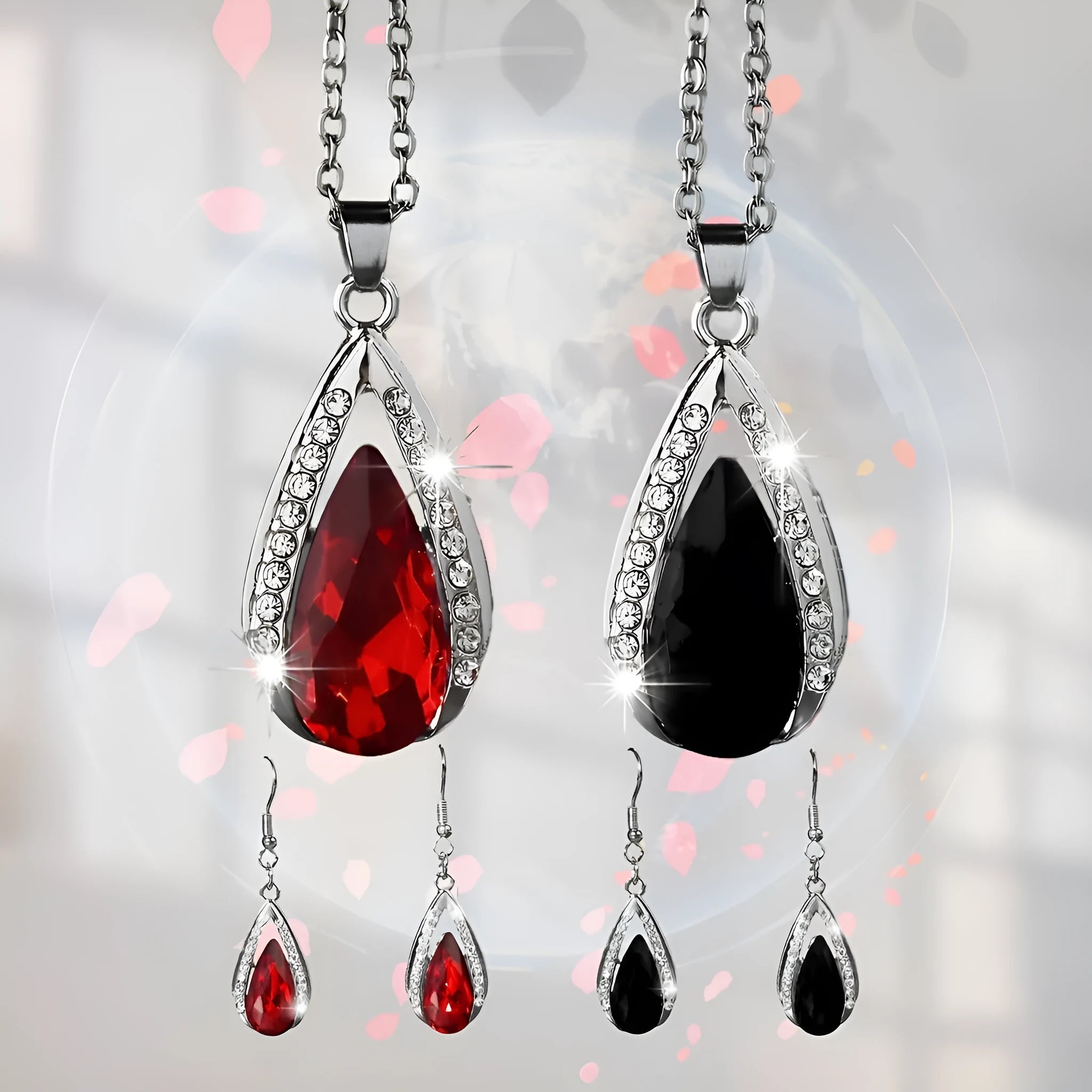 Black and red alloy teardrop pendant necklace with matching droplet earrings set.