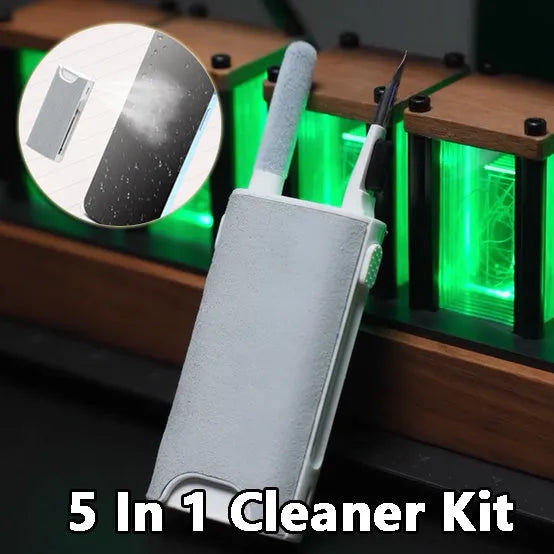 5-in-1 multifunctional screen and earphone cleaning kit with brush, sponge, and metal tip tools.