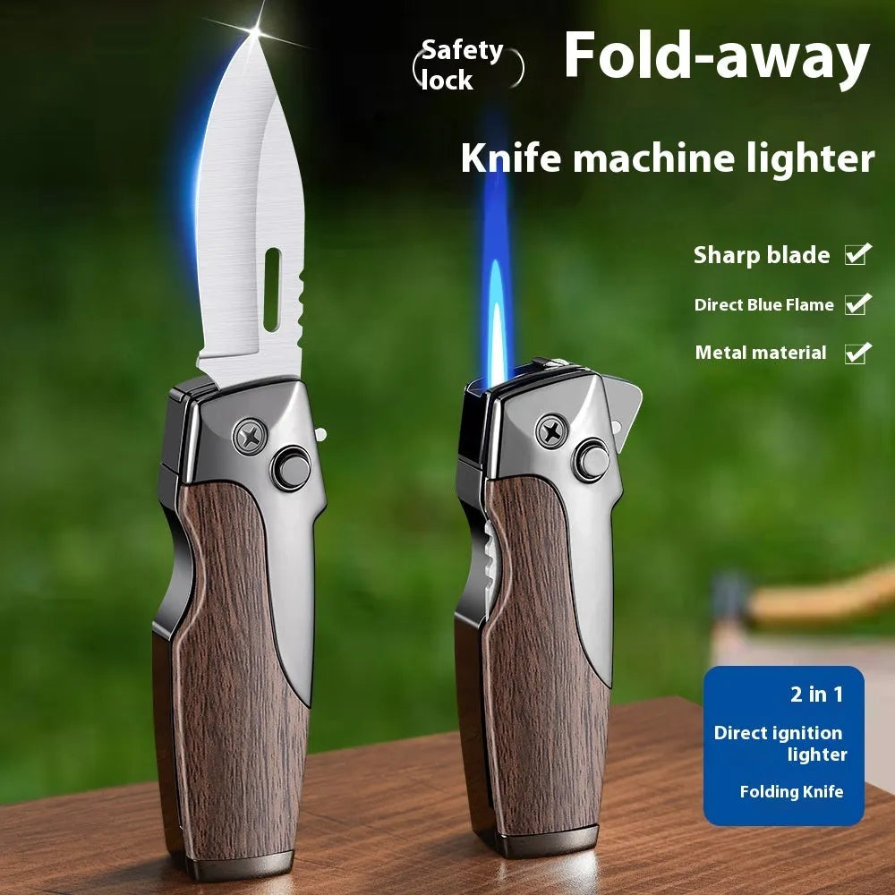 Metal folding lighter in a closed position, showing one of twelve available finishes such as wood grain or carbon fibre.