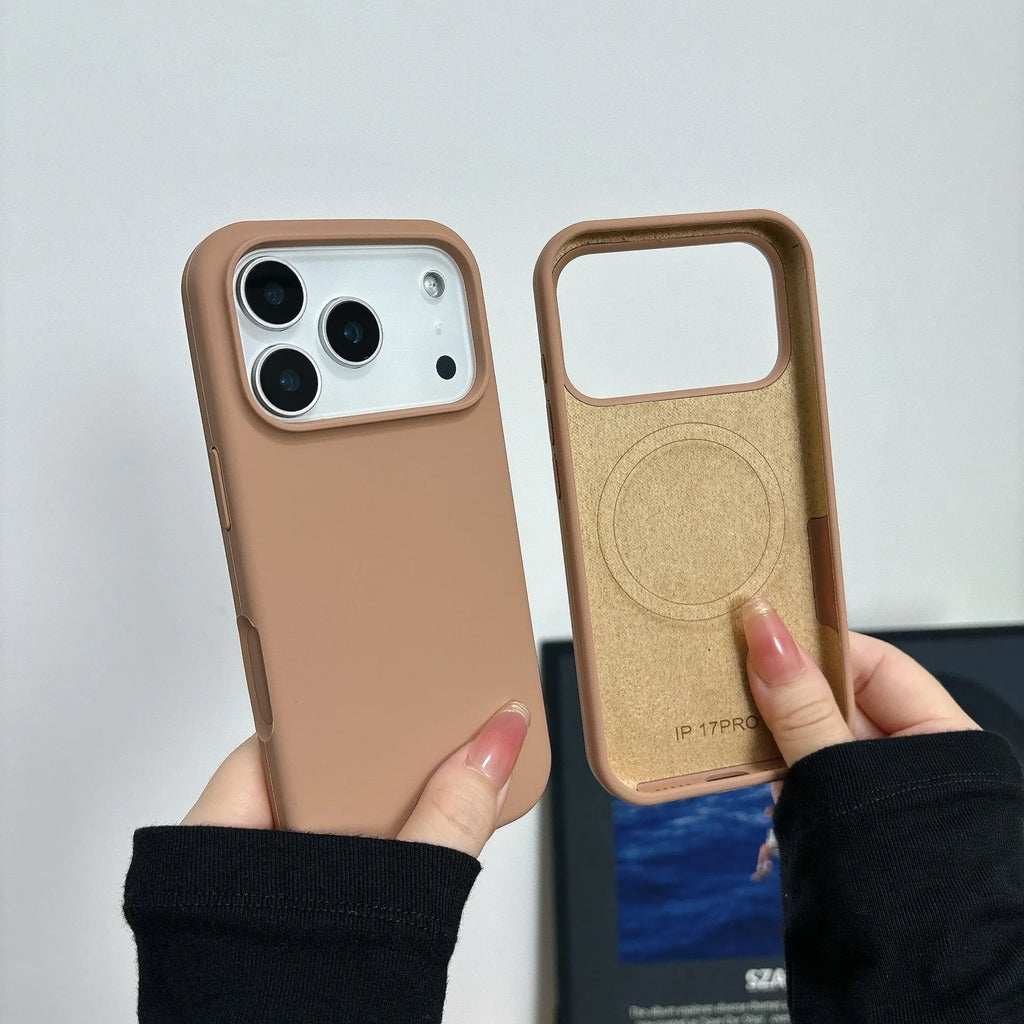 Liquid silicone magnetic charging case with AI button for Apple iPhone, shown in antique white colour