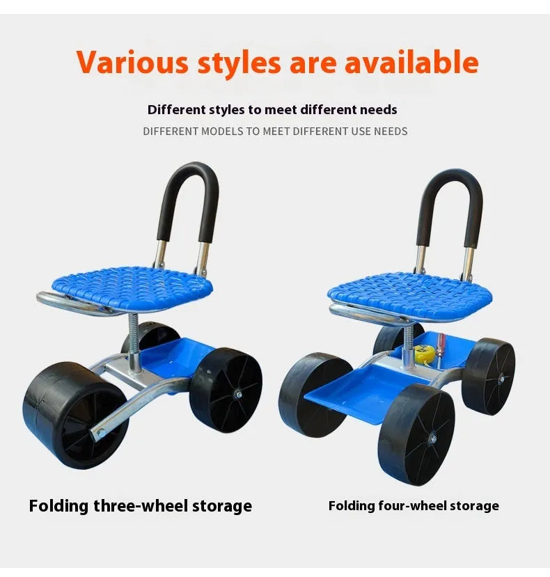 Garden mobile seat with wheels on a lawn, showing galvanized pipe frame and PP seat