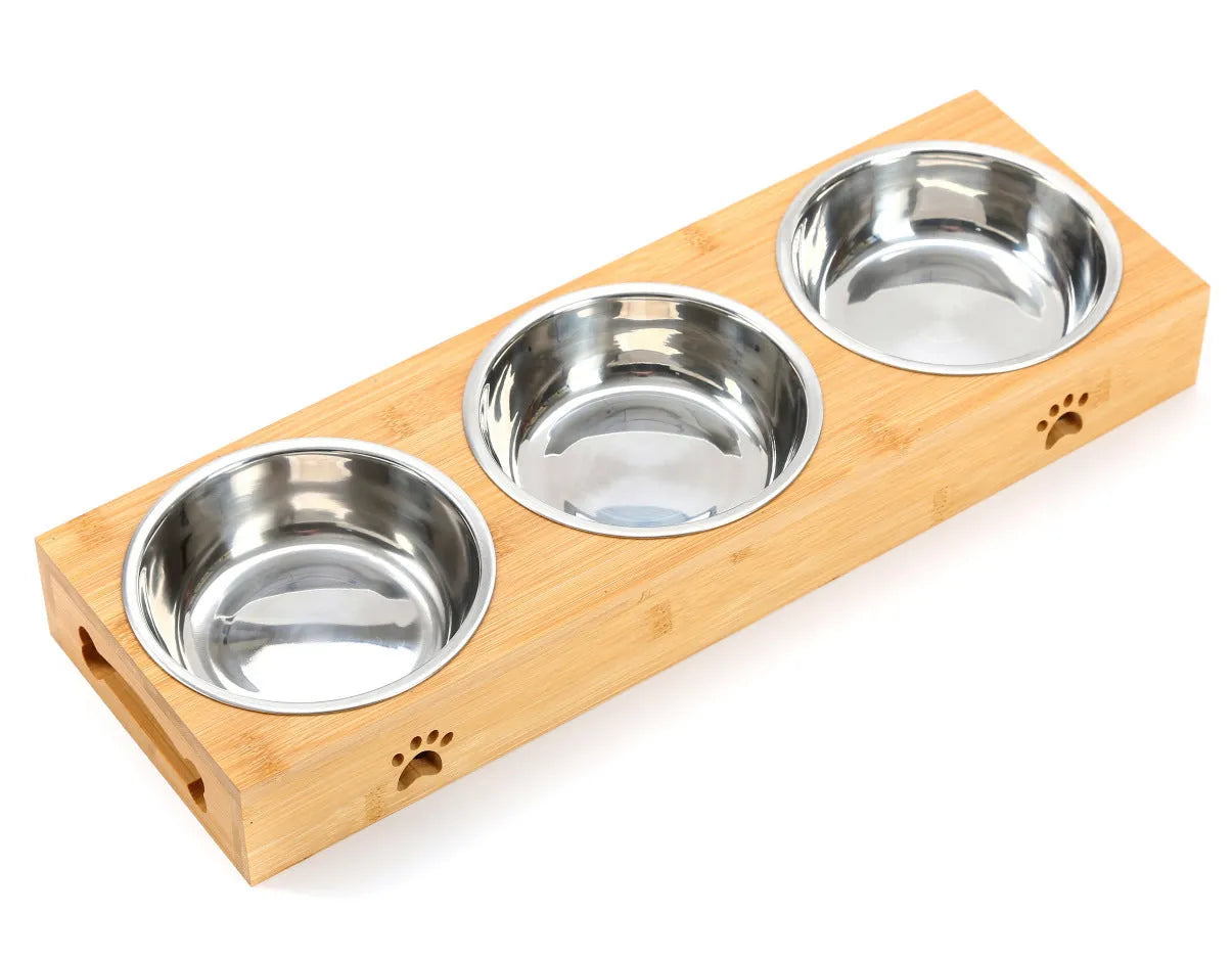 Solid wood pet dining table with stainless steel bowls in elevated design for dogs and cats