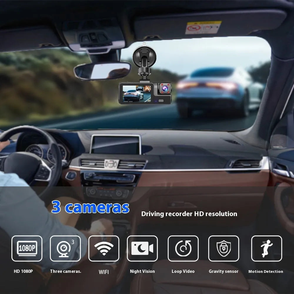 WiFi driving recorder with 2-inch screen on car windscreen showing rear camera view.
