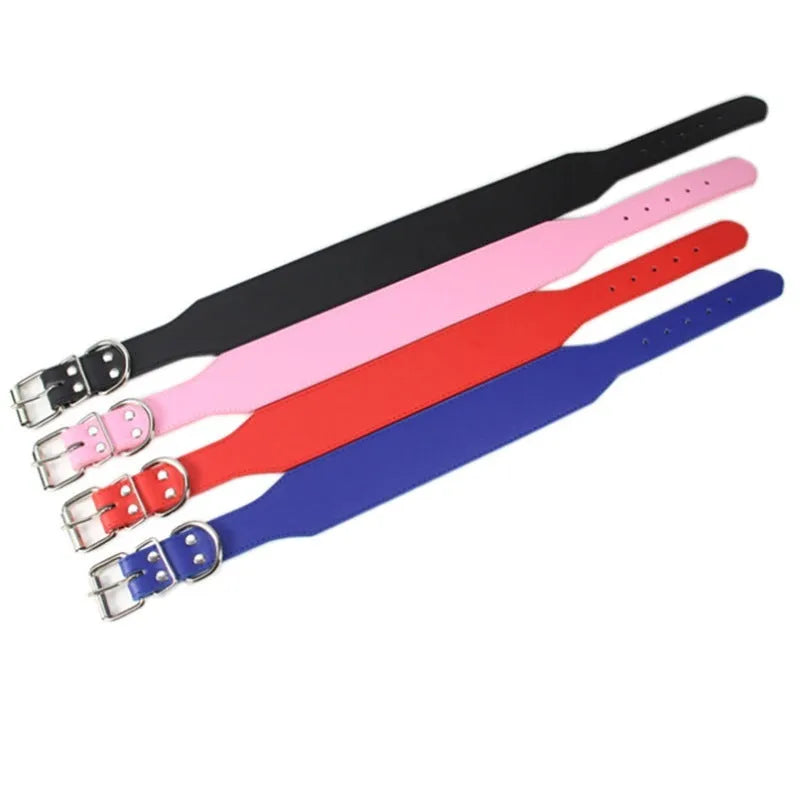 Large fish-shaped leather dog collar in red, blue, black, pink, or brown on a size chart.