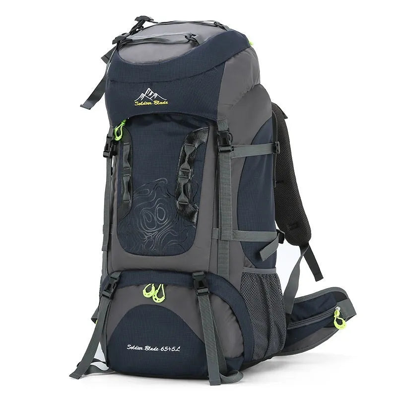Waterproof polyester hiking backpack 56-75L in red, green, black, light blue or dark blue, 73 x 33 x 23cm, for outdoor sports