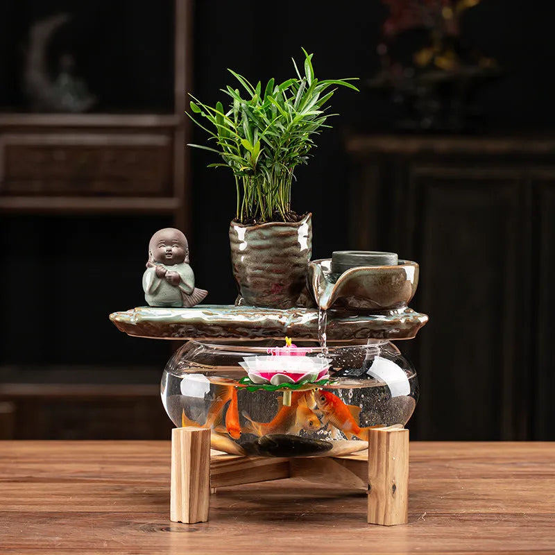Ceramic water fountain lamp decoration New Chinese Style stone mill design for fish tank or desk