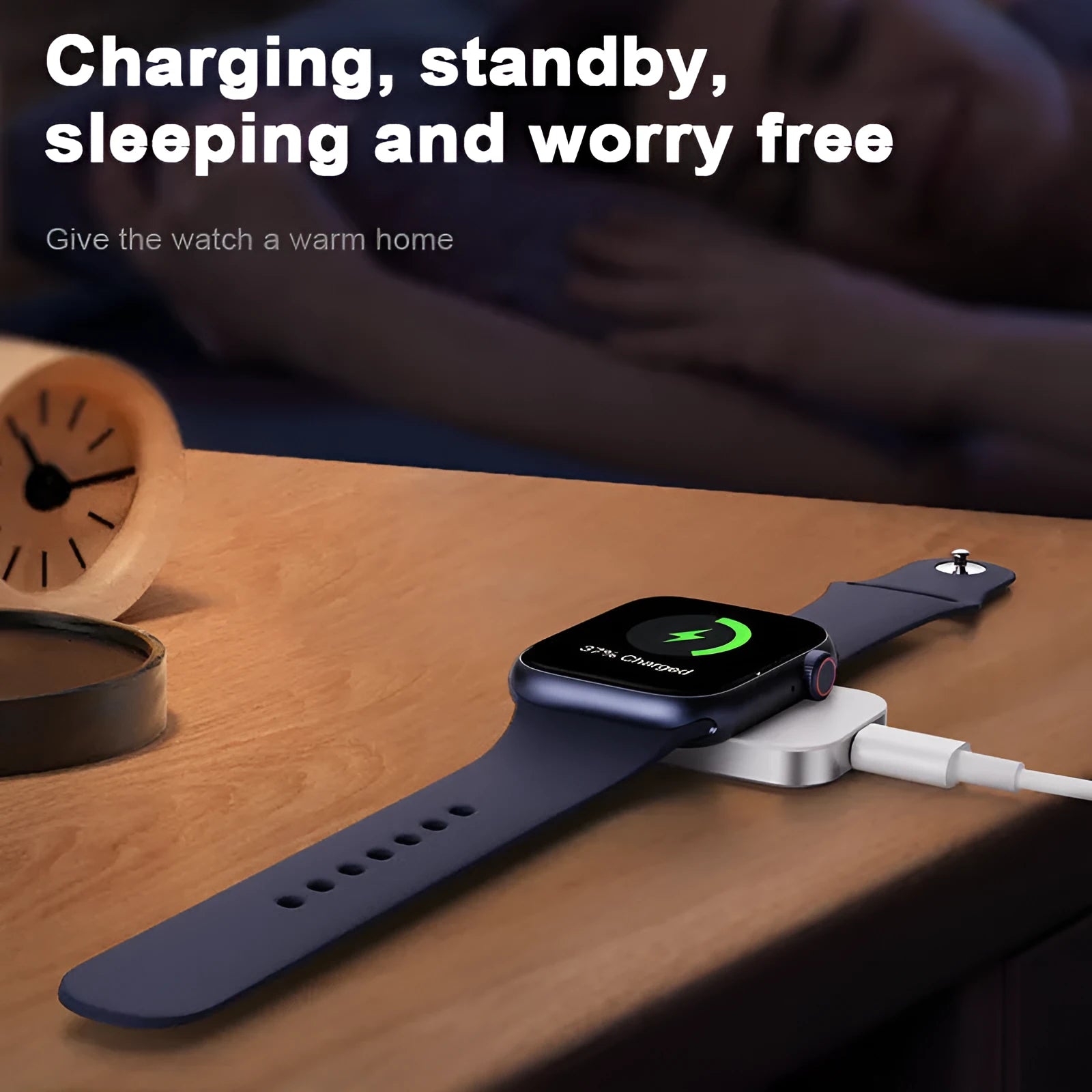 Black and white three-in-one magnetic wireless charger showing compact 4.3cm by 3.1cm dimensions