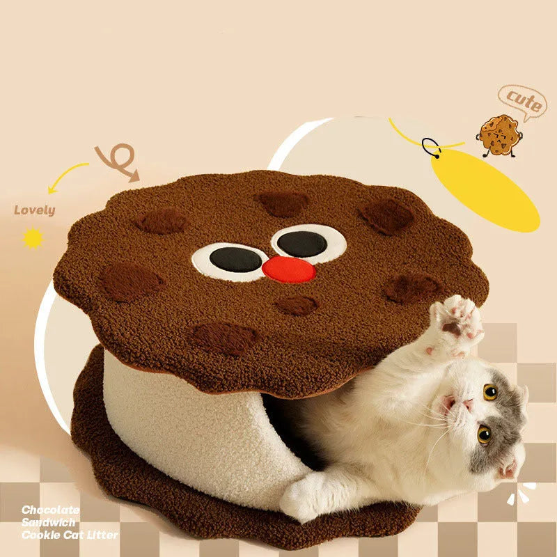 Khaki coloured sandwich cookie shaped closed cat bed house with front entrance and removable cushion
