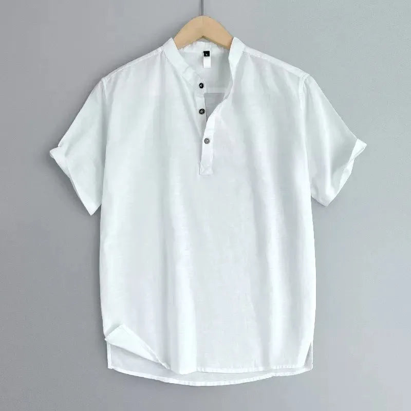 Men's solid colour short sleeve t-shirt in thin cotton linen fabric, shown in optic linen, white, grey green, and black.