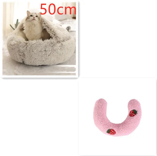 2 in 1 round plush pet bed with PP cotton filling for dogs and cats, available in brown, 65cm size