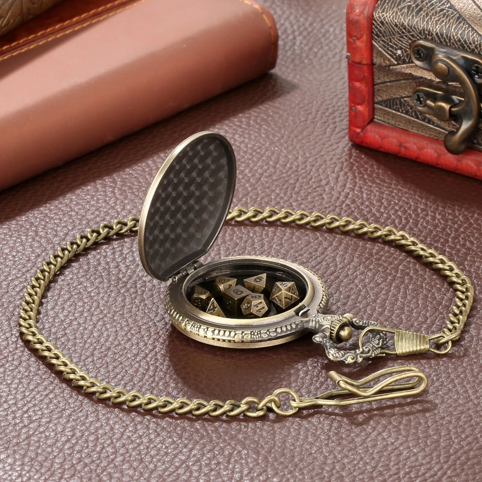 Retro alloy curved faucet pocket watch dice set with seven polyhedral dice in bronze finish and storage box