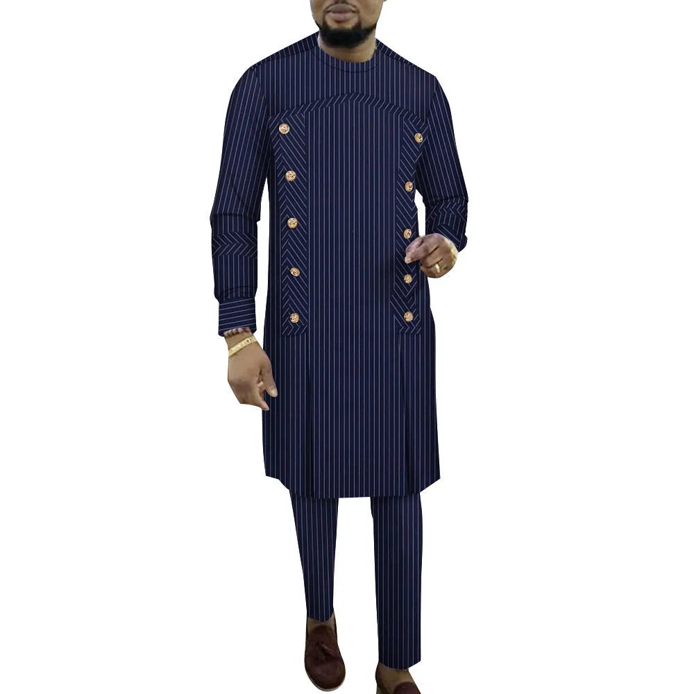Men's striped cotton two-piece lounge set showing top and trousers