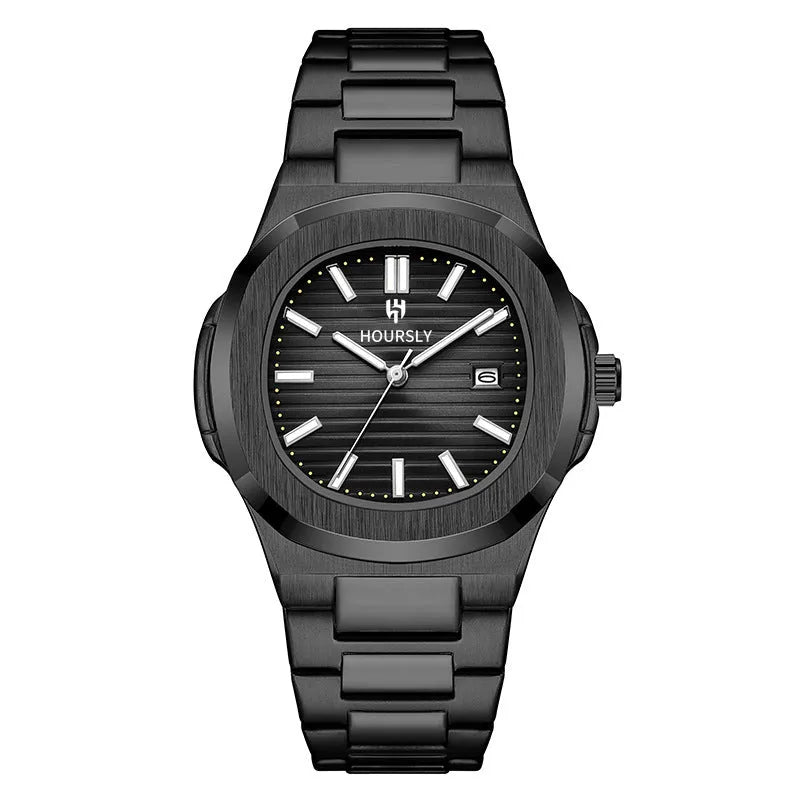 Men's quartz wristwatch with steel belt, gold dial and strap, 11mm thin business watch