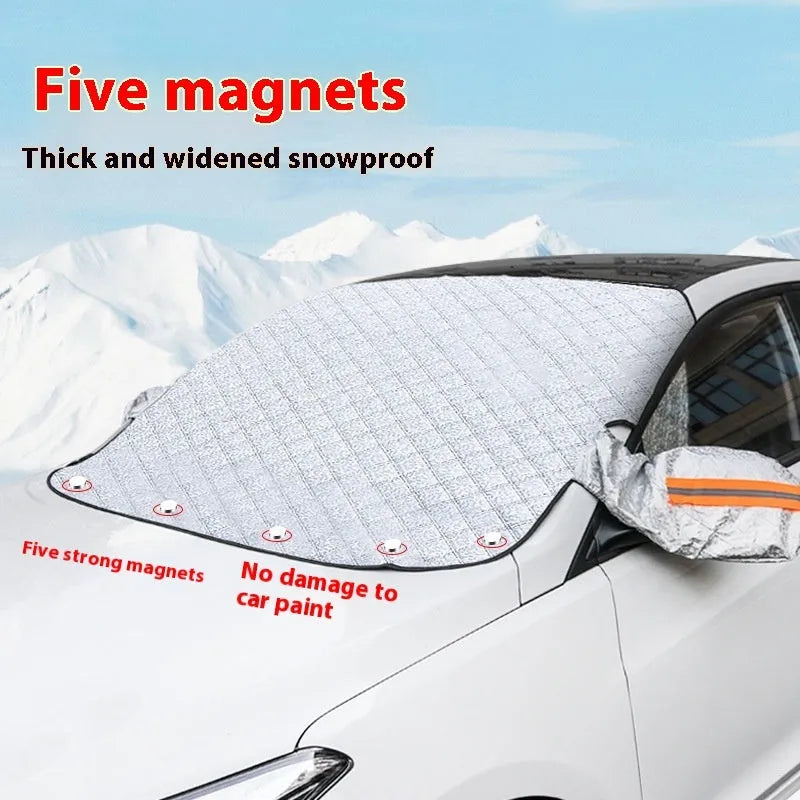 Aluminium foil car windshield cover with magnetic fasteners and reflective edge stripes for SUV frost protection