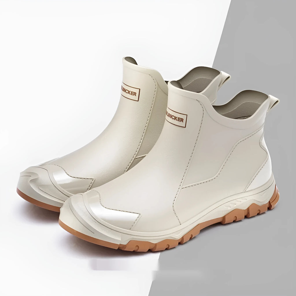Korean style PVC short tube rain boots with plastic non-slip soles in black red colour option