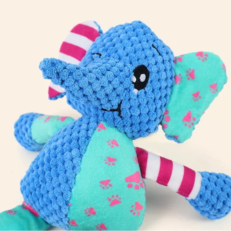Interactive dog toy with squeaky and crinkly sounds, plush construction, available in Elephant Fox Rabbit styles
