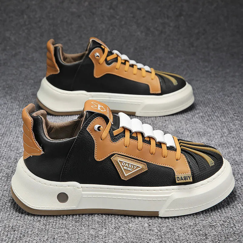 Men's beige low-top slip-on sneakers with elastic band and round toe on a plain background.