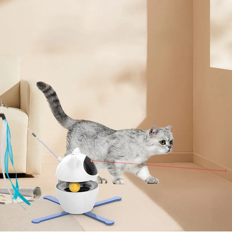 White automatic electronic cat toy with elastic rope extending from plastic base