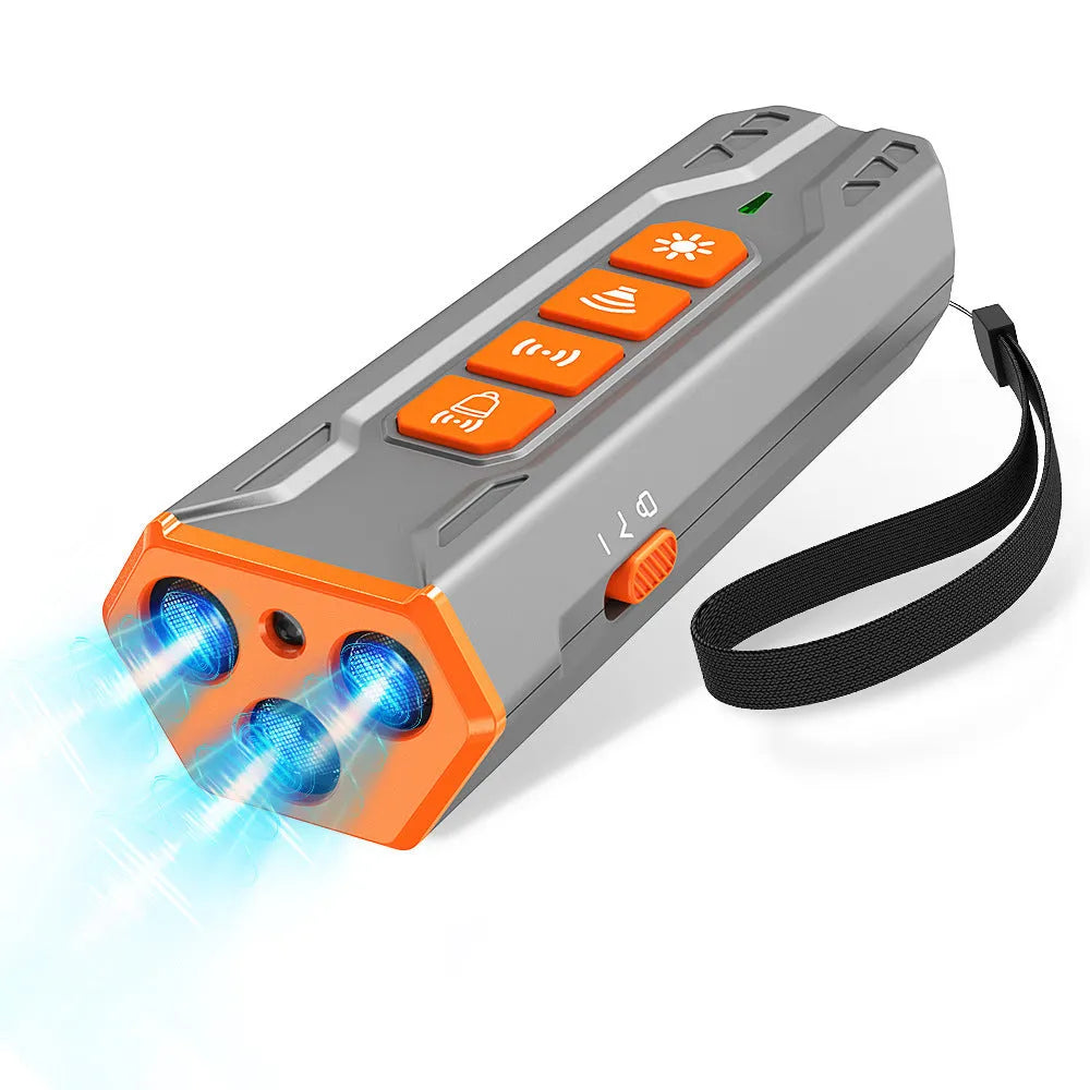 Three-head ultrasonic dog trainer with remote control in black and orange colour
