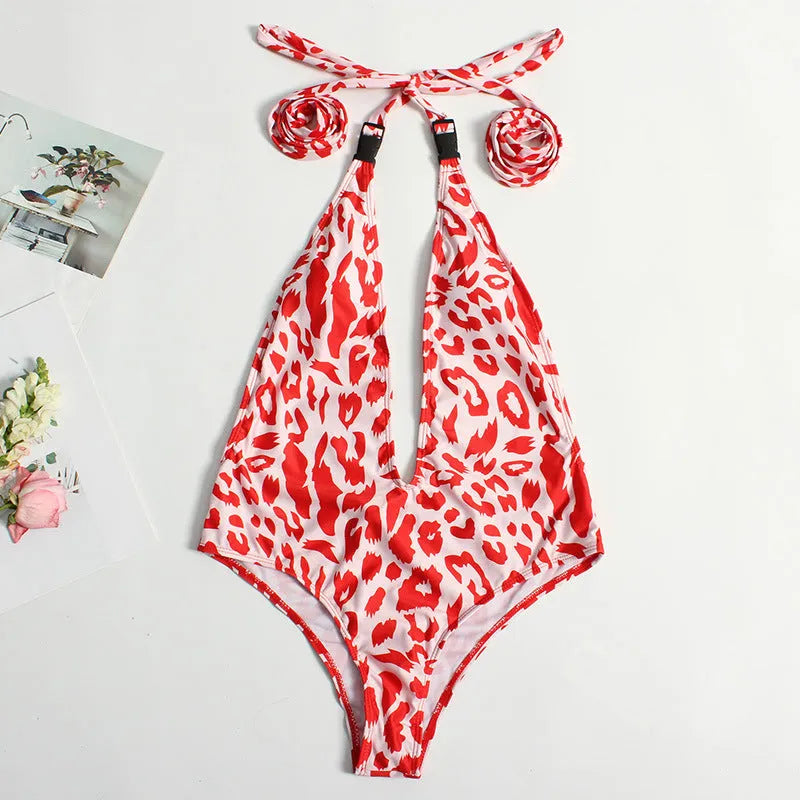 Women's leopard print bandage swimsuit with buckle fastening in red colour