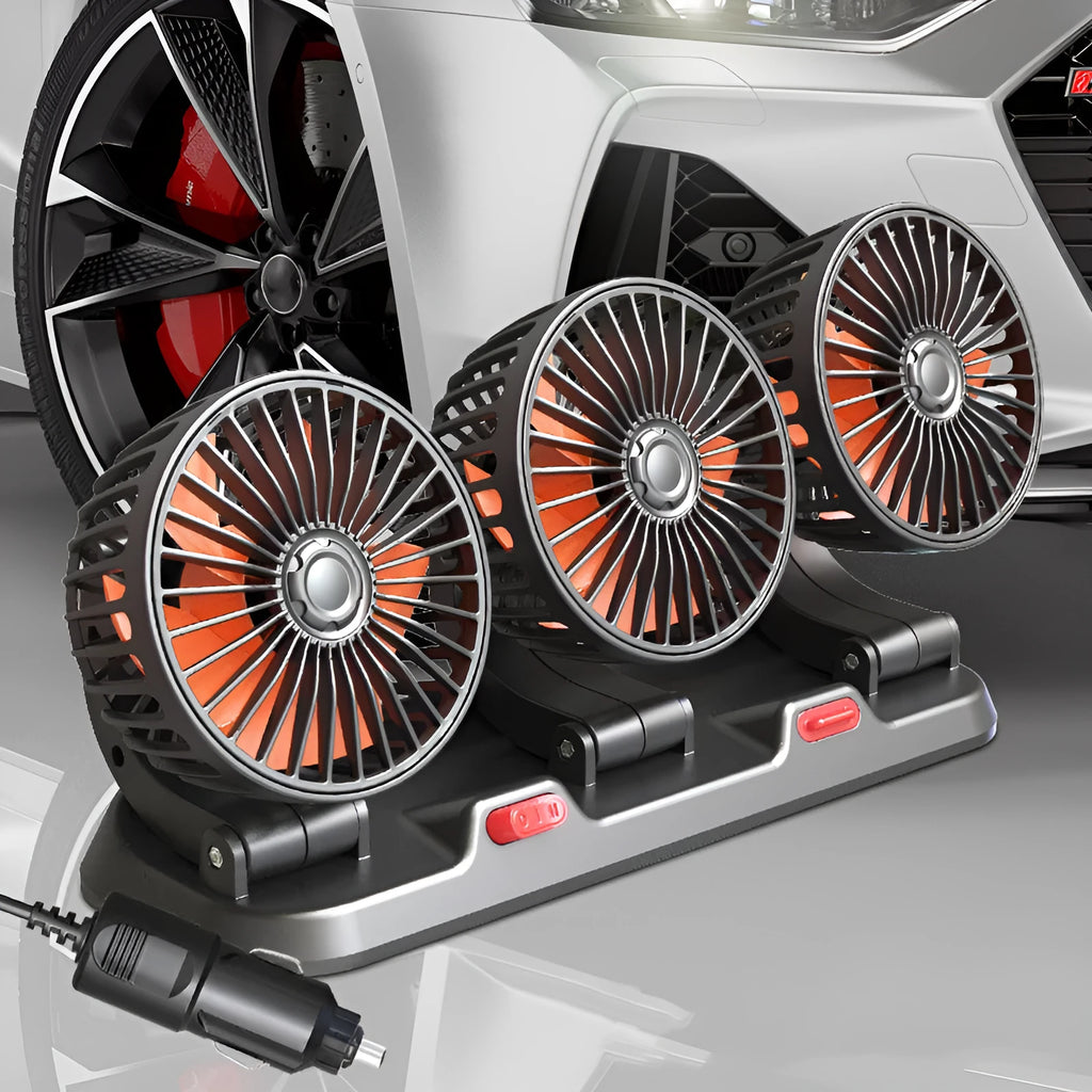 Three head adjustable automotive cooling fan with USB and cigarette lighter plugs on a 1.3m cable