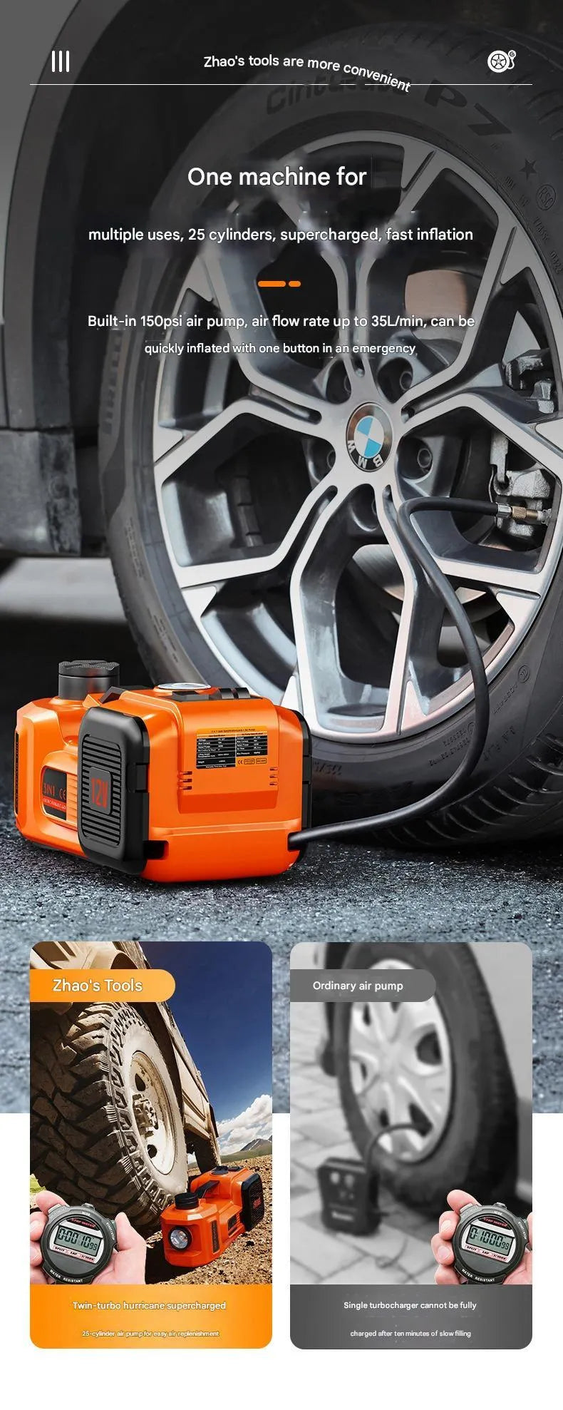 12V electric hydraulic jack off-road edition 3-in-1 tire change tool with inflator hose and wrench on storage bag