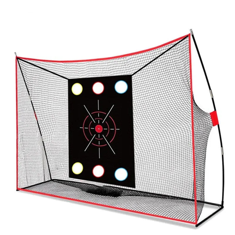Golf swing wedge training net kit with straw mat, practice balls, and accessories laid out.