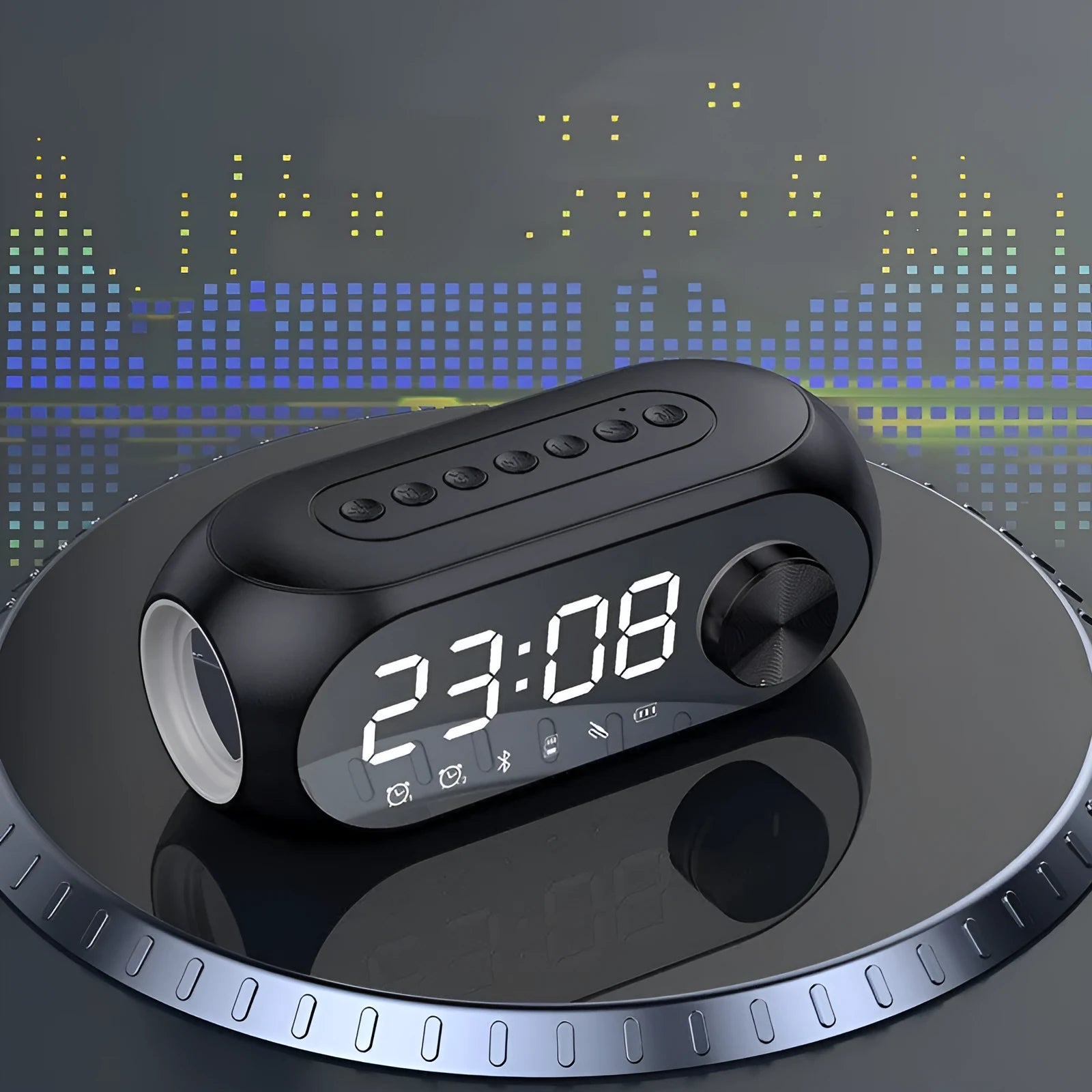S8 Black portable mini Bluetooth speaker with extra bass and digital clock display on front.