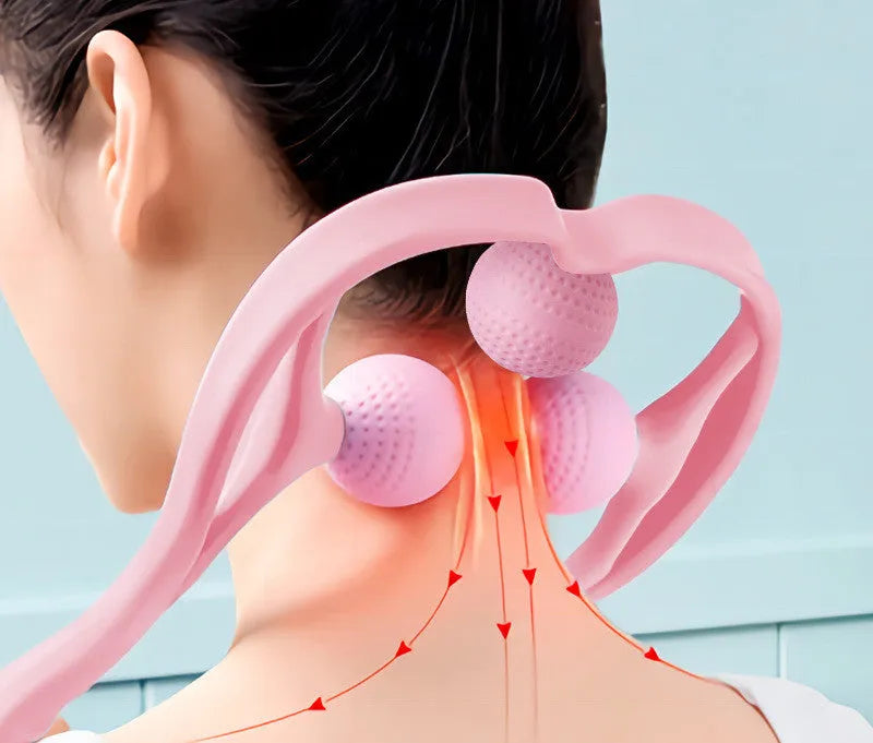 Three-ball multifunctional cervical spine massager in pink or light blue for neck, head, legs, and feet, no power required