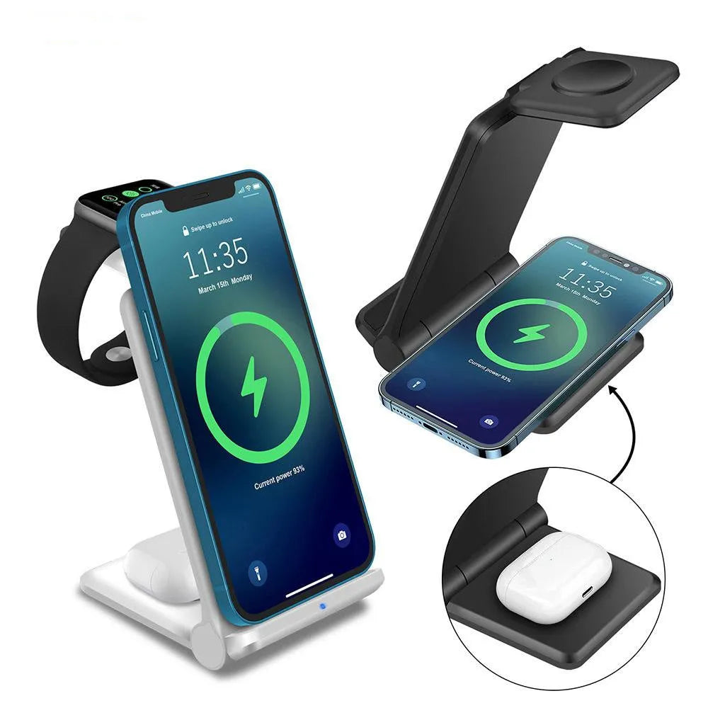 Black and white 3-in-1 wireless charging station for phone, watch, and earbuds on a desk.