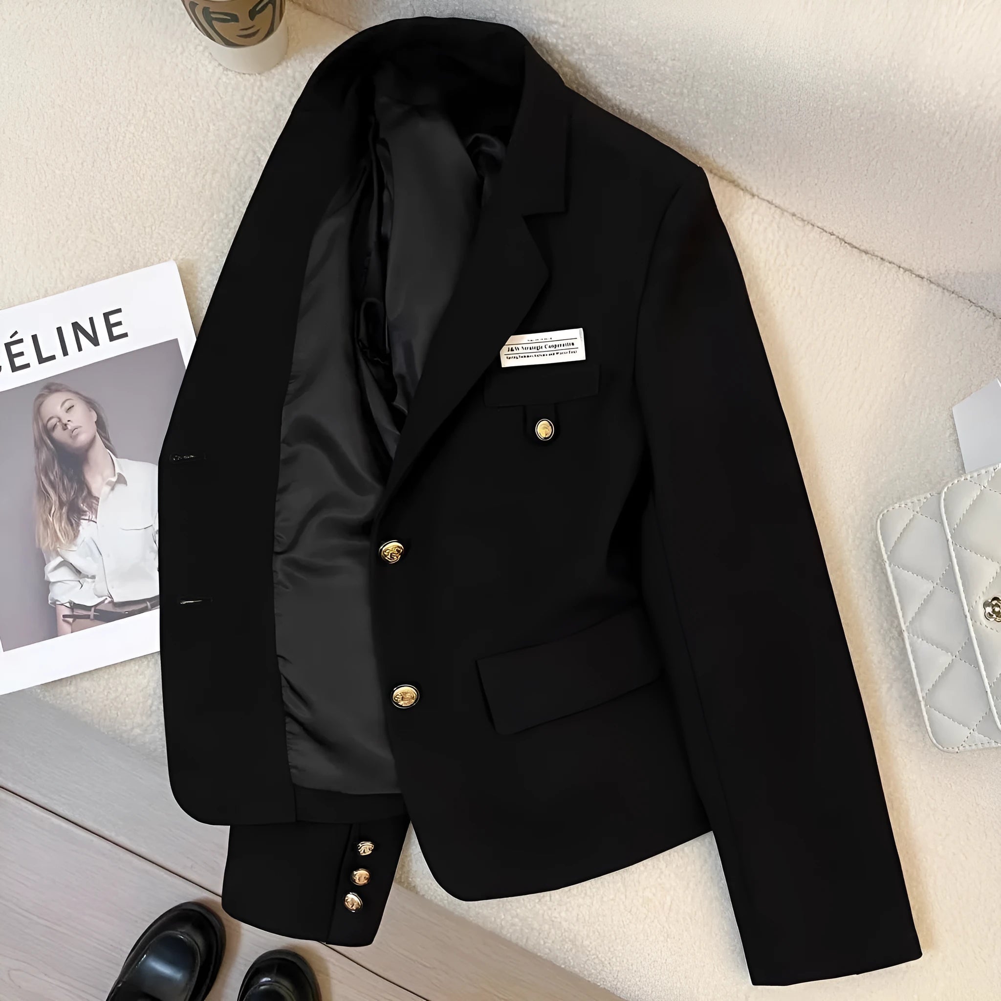 A women's loose-fit short black suit coat with long sleeves and front pockets.
