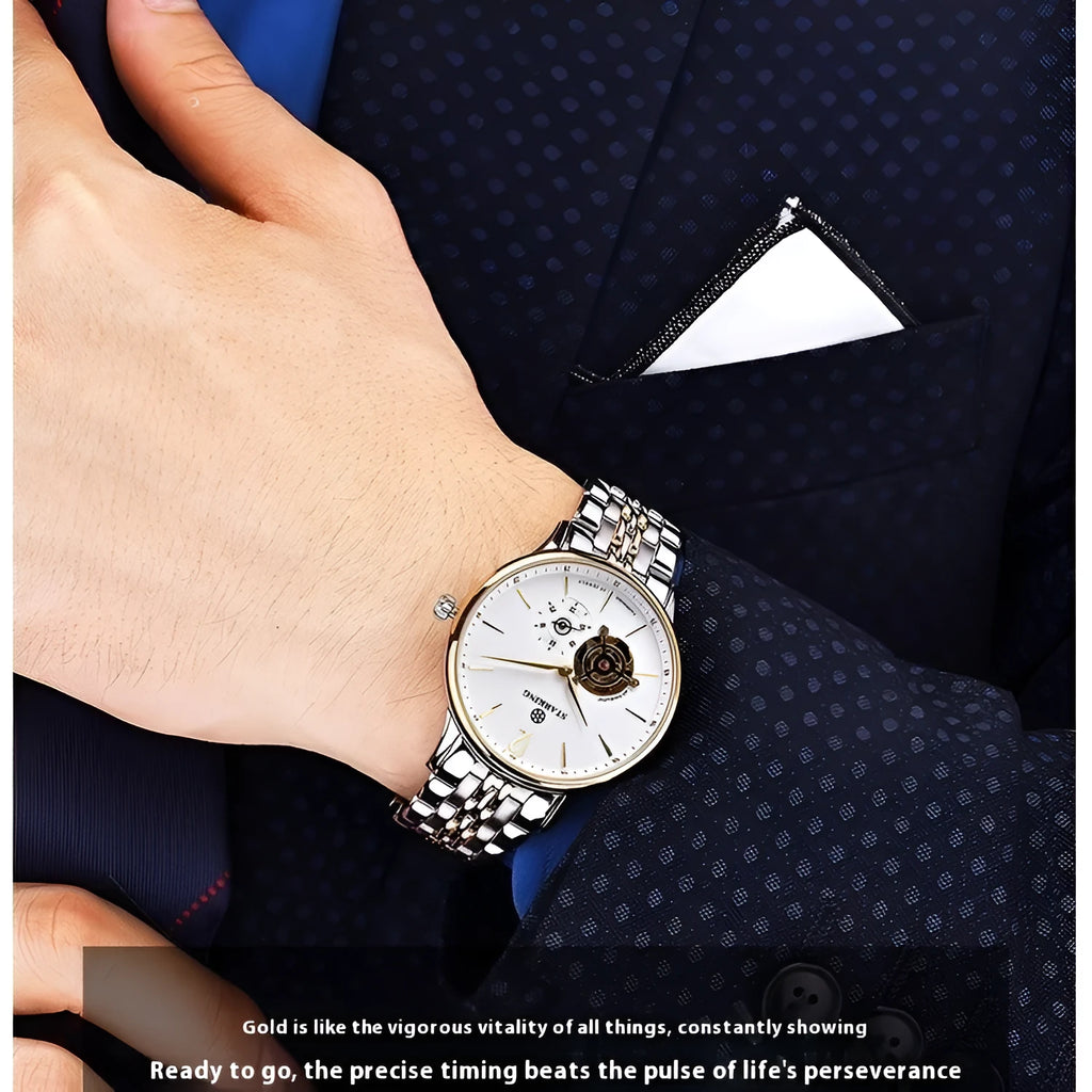 Automatic mechanical men's business watch with brown leather strap and sapphire crystal face.
