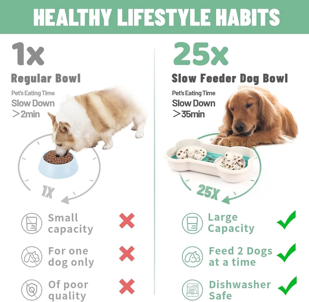 Large green slow feeder dog bowl with puzzle ridges and non-slip base for dry and wet food