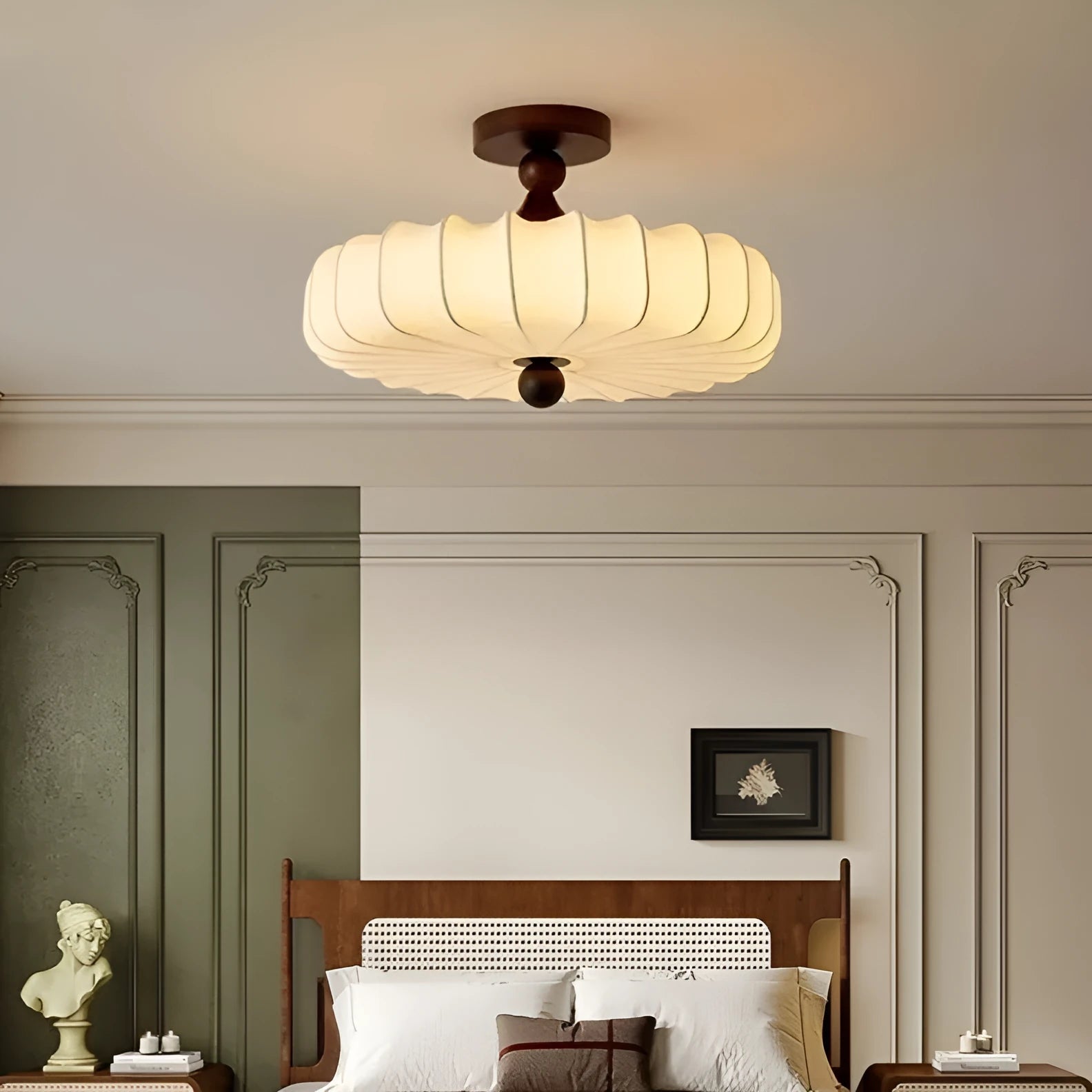 Mid-ancient French retro fabric ceiling lamp with ash wood frame in walnut colour, 30cm diameter