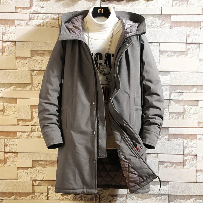 Men's hooded mid-length polyester coat in black with acetate lining on male model