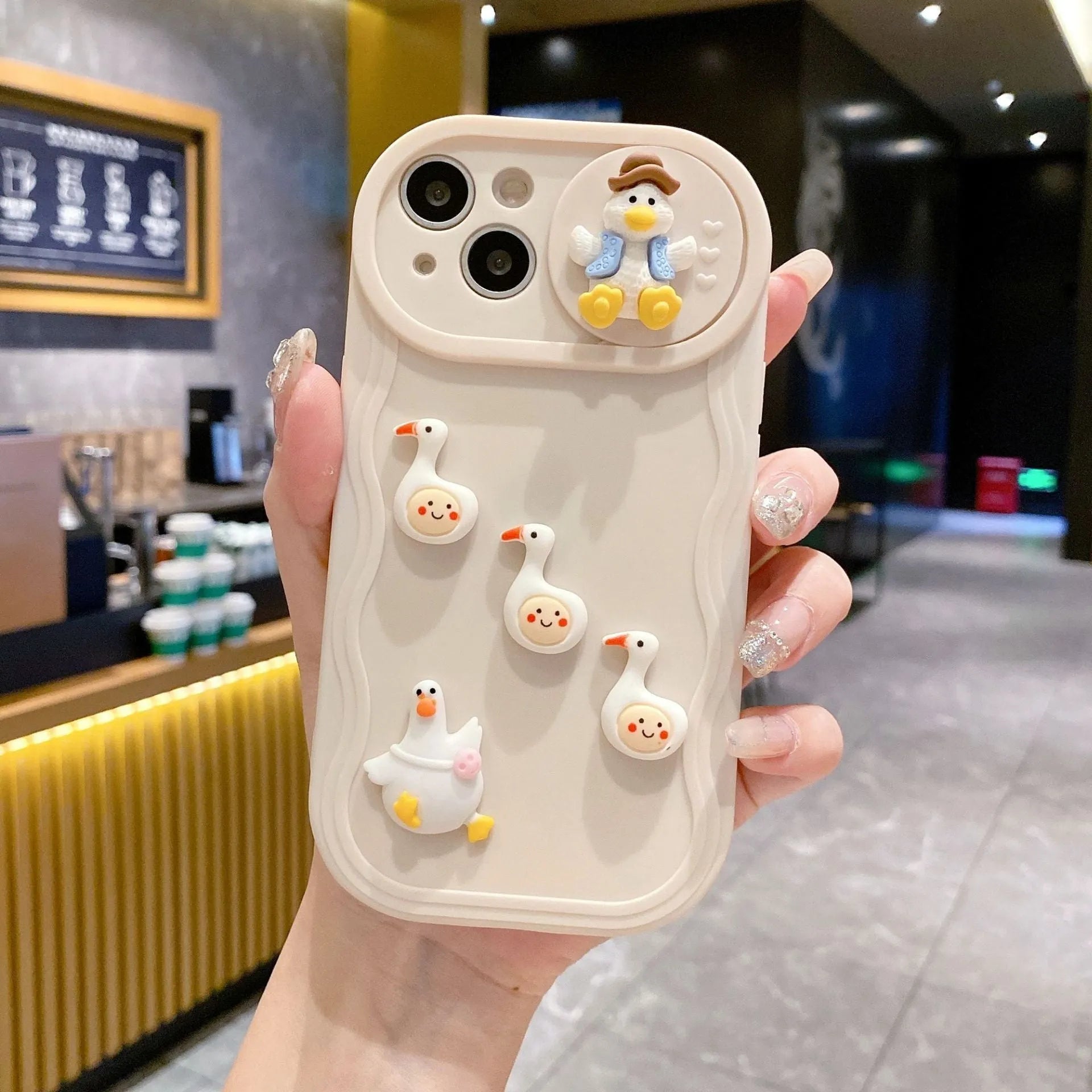 Wave sliding window cartoon three-dimensional duck soft protective cover for Apple iPhone, beige duck colour